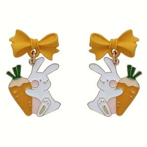 Bunny Rabbit Holding Carrot with Bow Enamel Stud Earrings